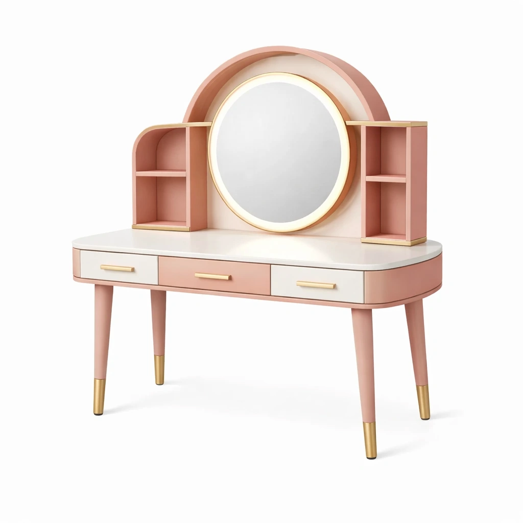 Toeletta rosa con specchio illuminato e mensole-demviro