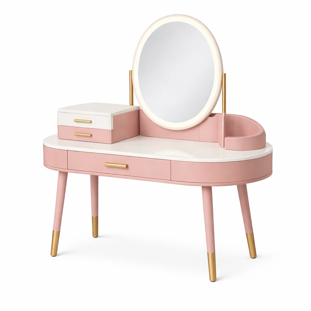 Toeletta rosa moderna con specchio ovale-demviro