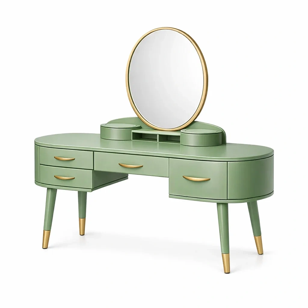 Toeletta verde con specchio rotondo e cassetti laterali-demviro