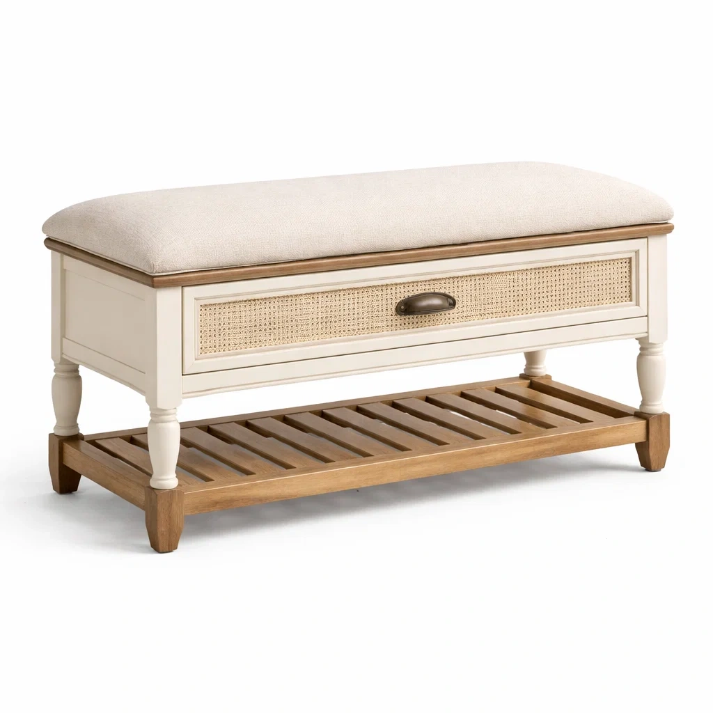 Armadio da stoccaggio in legno bianco con seduta-demviro