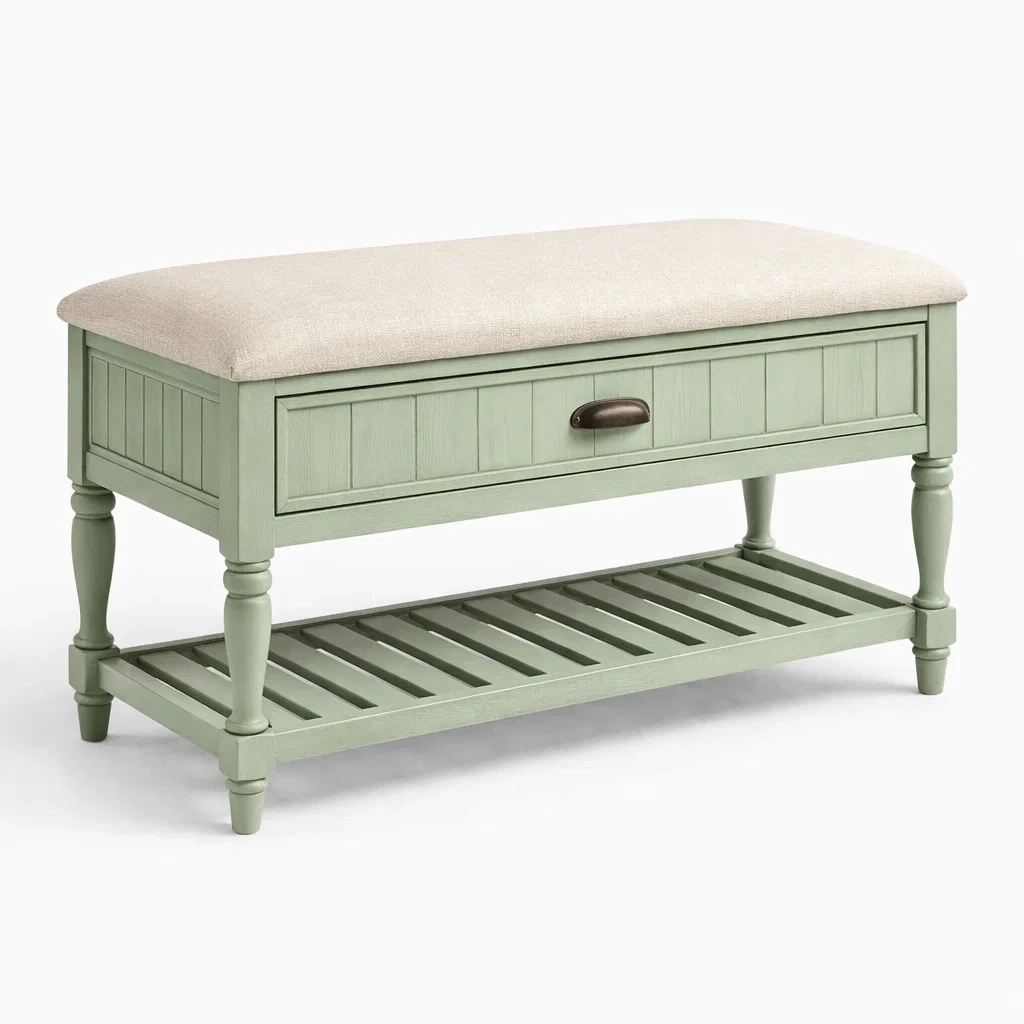 Armadio da stoccaggio in legno verde con seduta-demviro