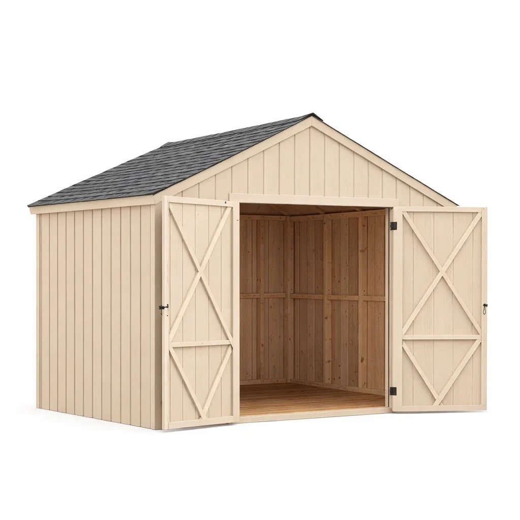 Casetta da esterno con ampie porte e finitura naturale-demviro