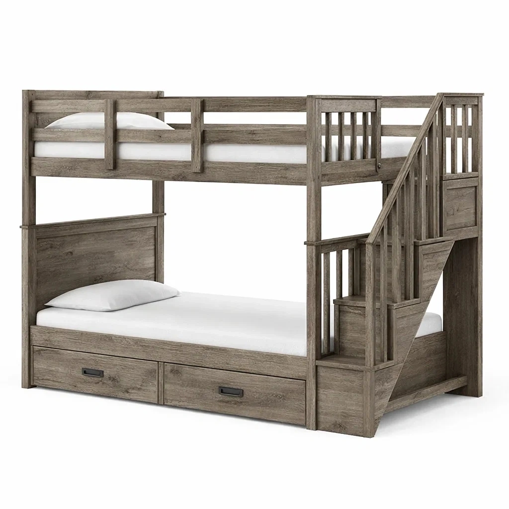 Letto a castello in legno con scala e contenitore-demviro