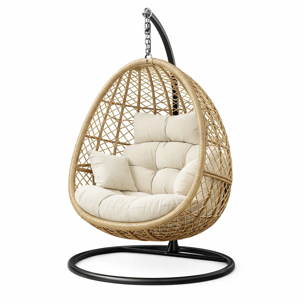 Sedia sospesa in rattan naturale con cuscini crema-demviro