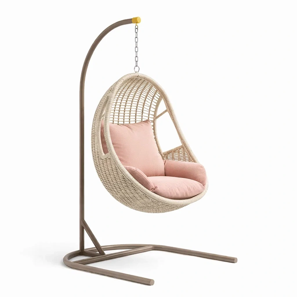 Sedia sospesa compatta in rattan chiaro con base in metallo-demviro