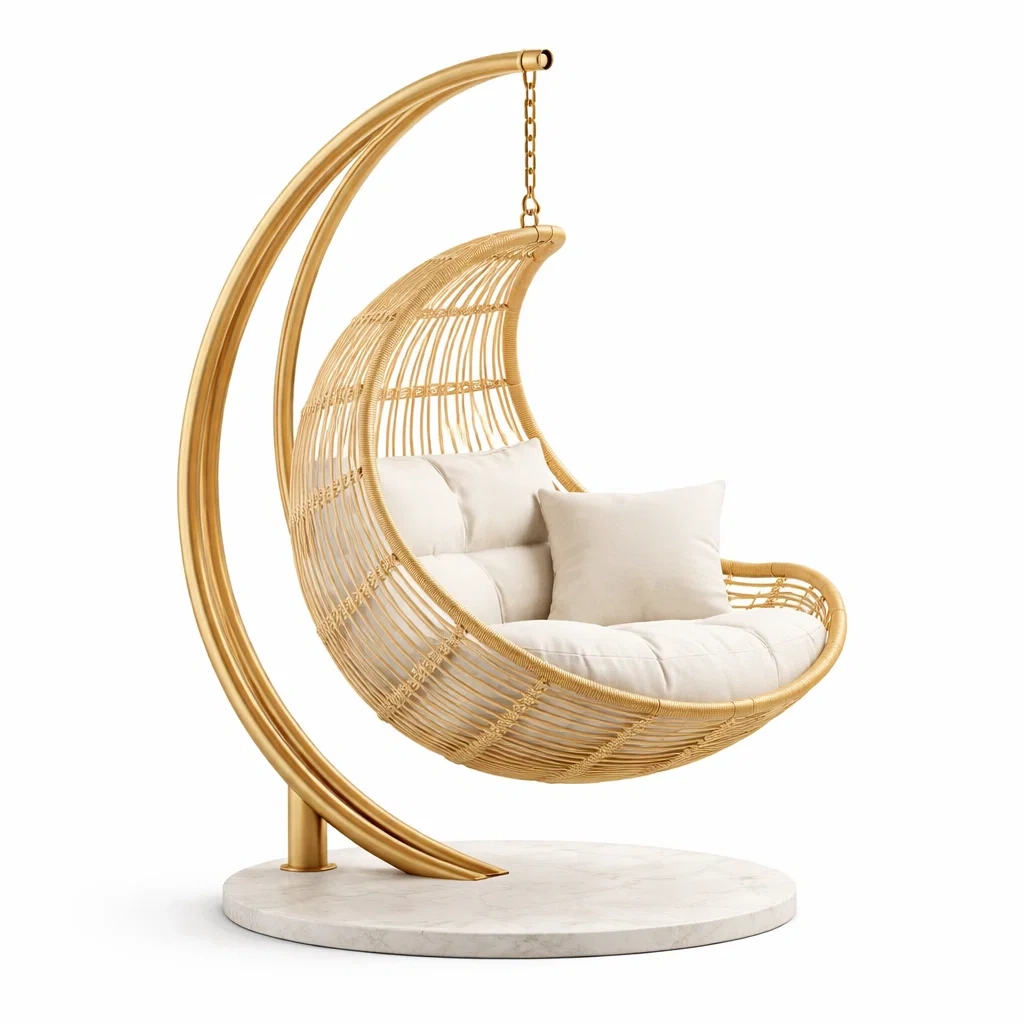 Sedia sospesa in rattan dorato con base in marmo-demviro