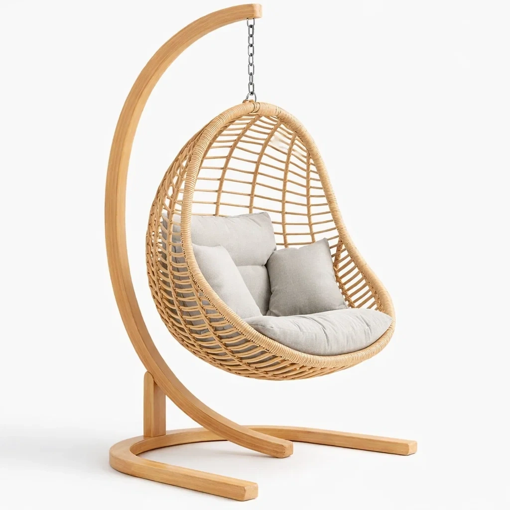 Sedia sospesa in legno naturale con seduta intrecciata-demviro