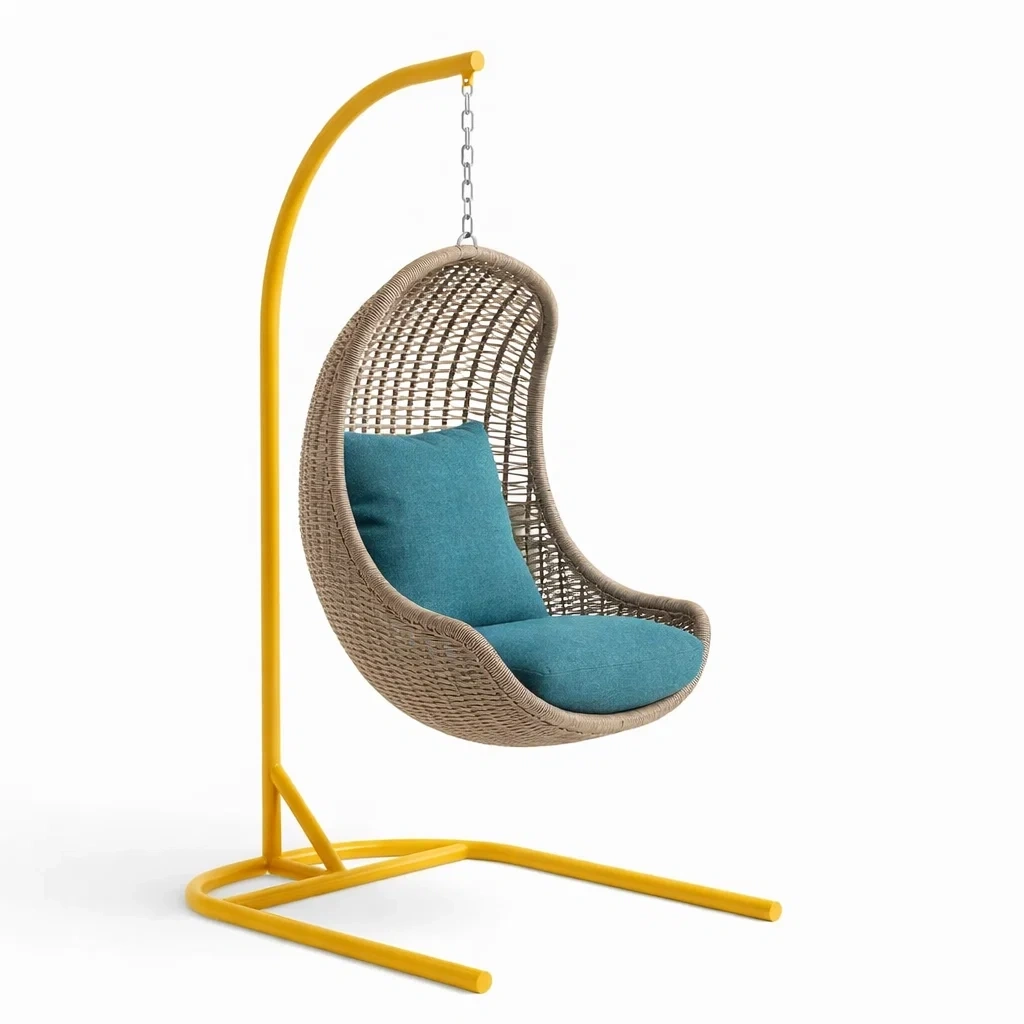 Sedia sospesa in rattan con struttura gialla e cuscino turchese-demviro