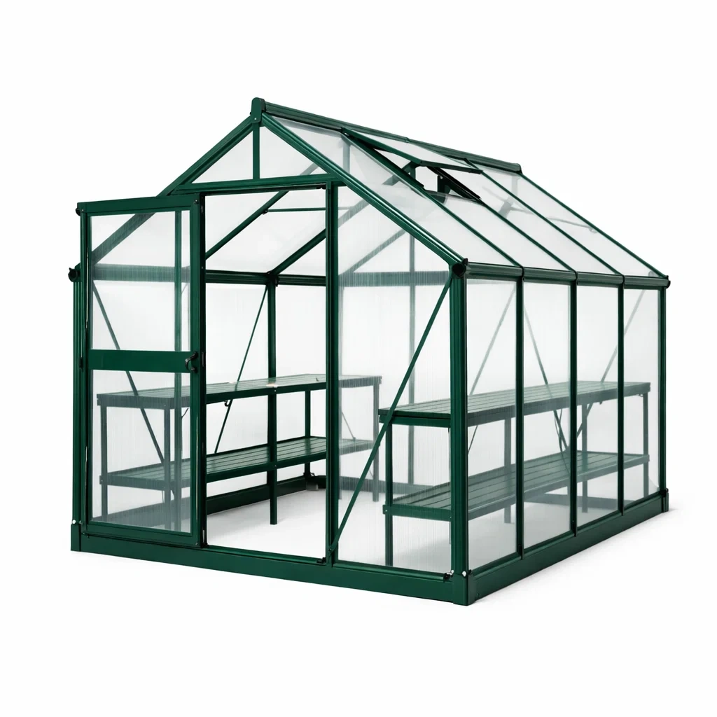 Serra da giardino in metallo verde con pannelli trasparenti-demviro