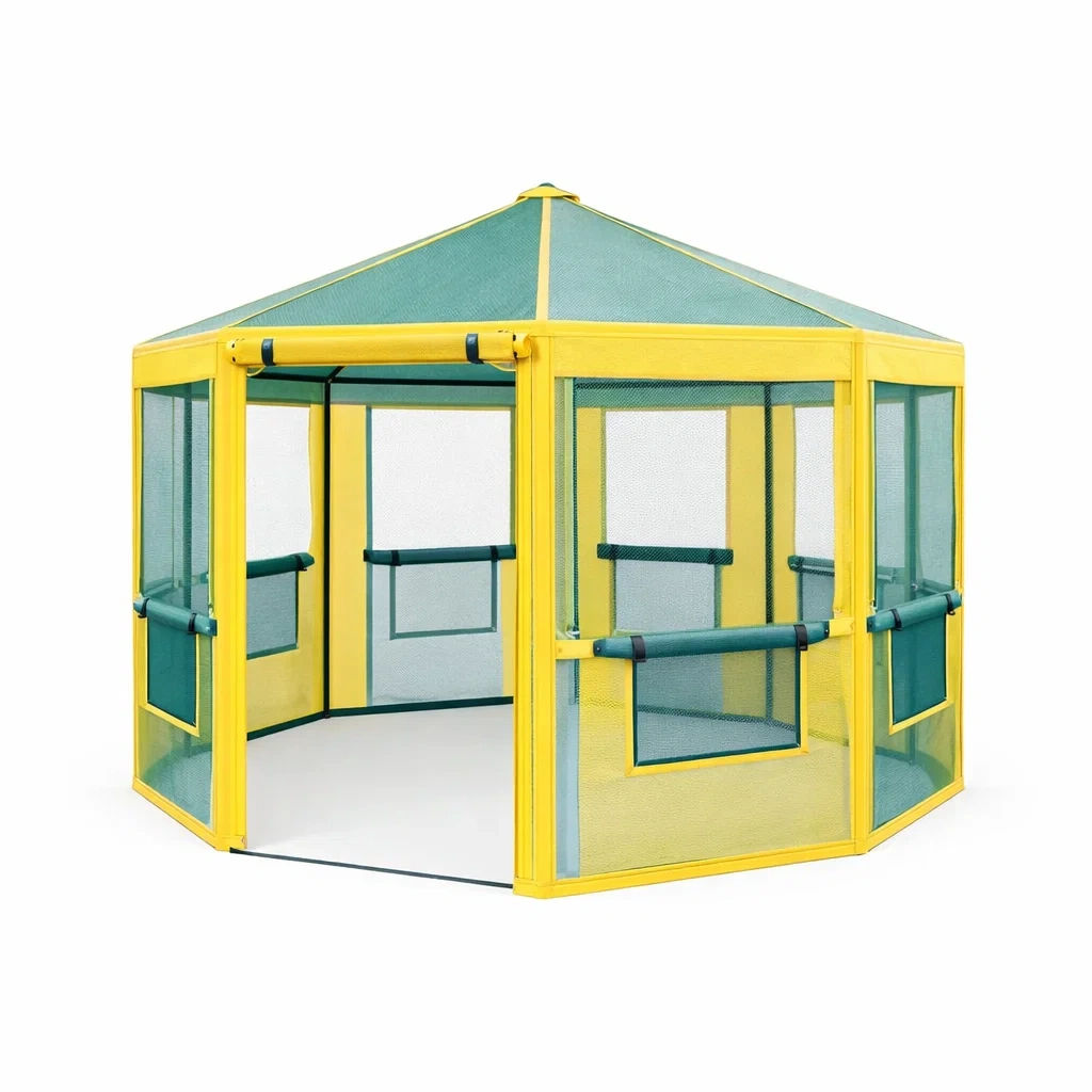 Serra da giardino ottagonale con struttura gialla e rete-demviro