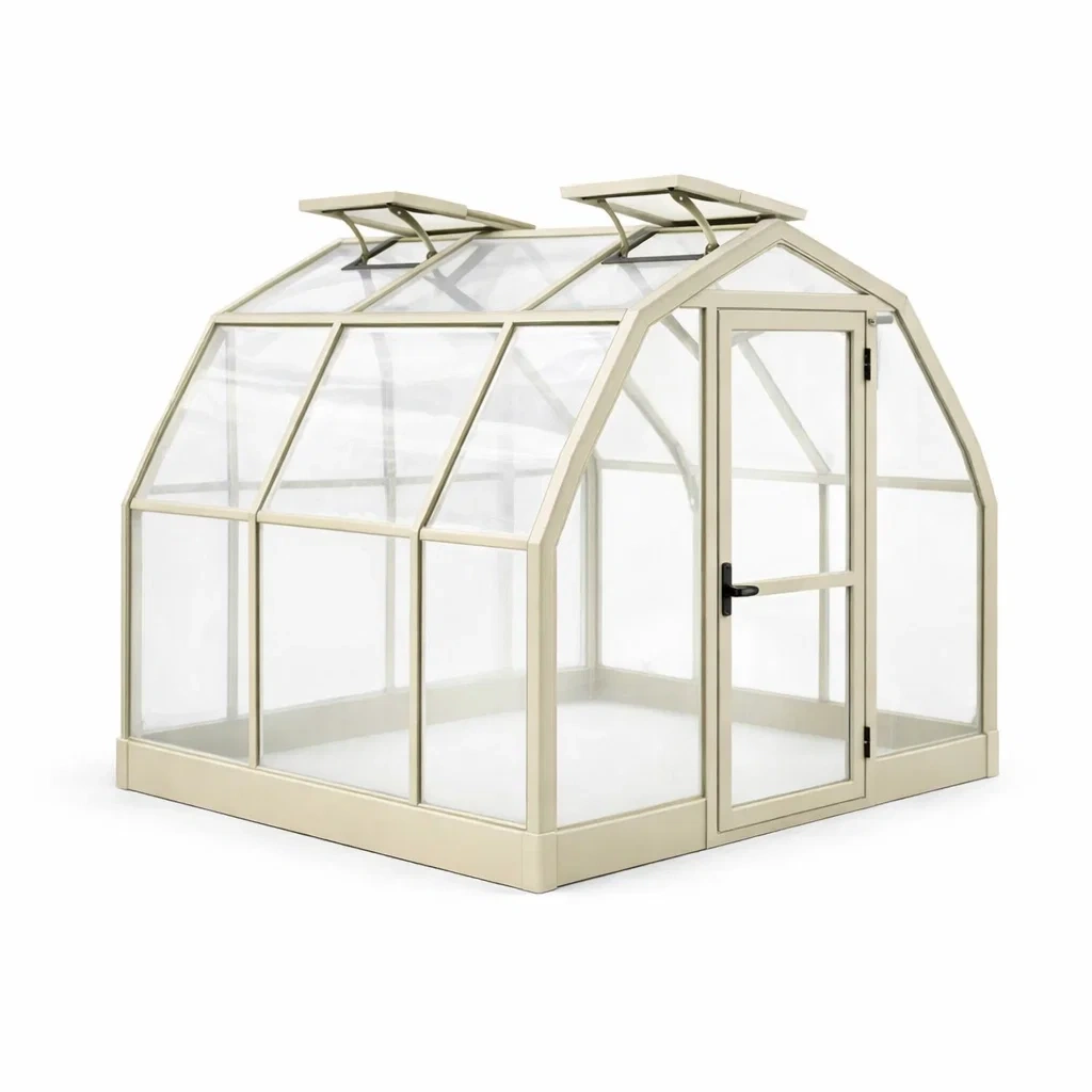 Serra da giardino compatta con telaio beige e pannelli trasparenti-demviro