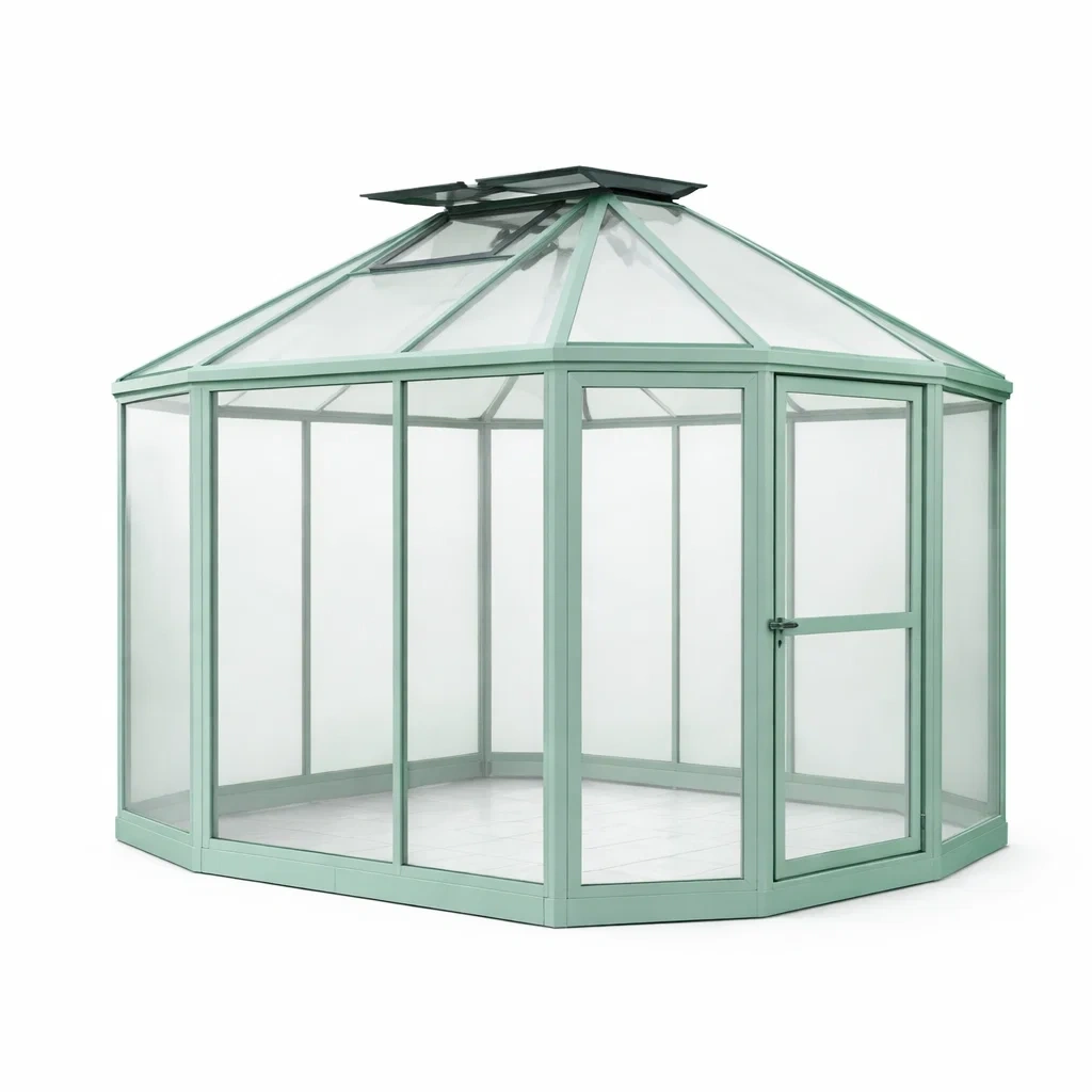 Serra da giardino ottagonale in vetro con telaio verde-demviro