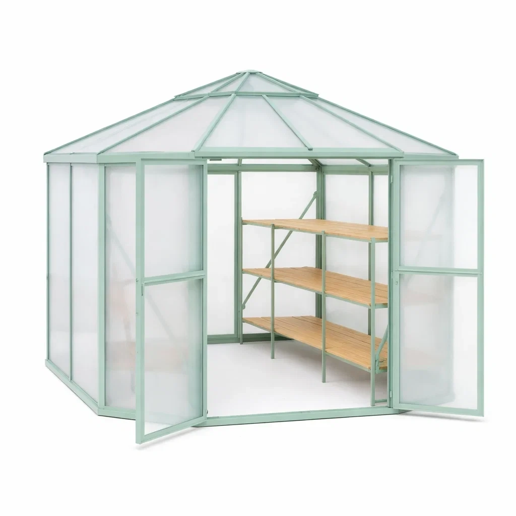 Serra da giardino con ripiani interni e struttura verde-demviro