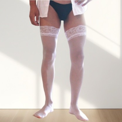 Men's Sexy Lace Sheer Thigh High Stockings, Thin Black Long Stockings for Men