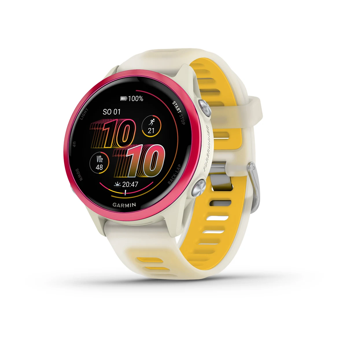 Forerunner® 570 - 42mm Raspberry hliníková luneta, poloprůhledný řemínek Bone/Mango  Kód Produktu010-02970-02