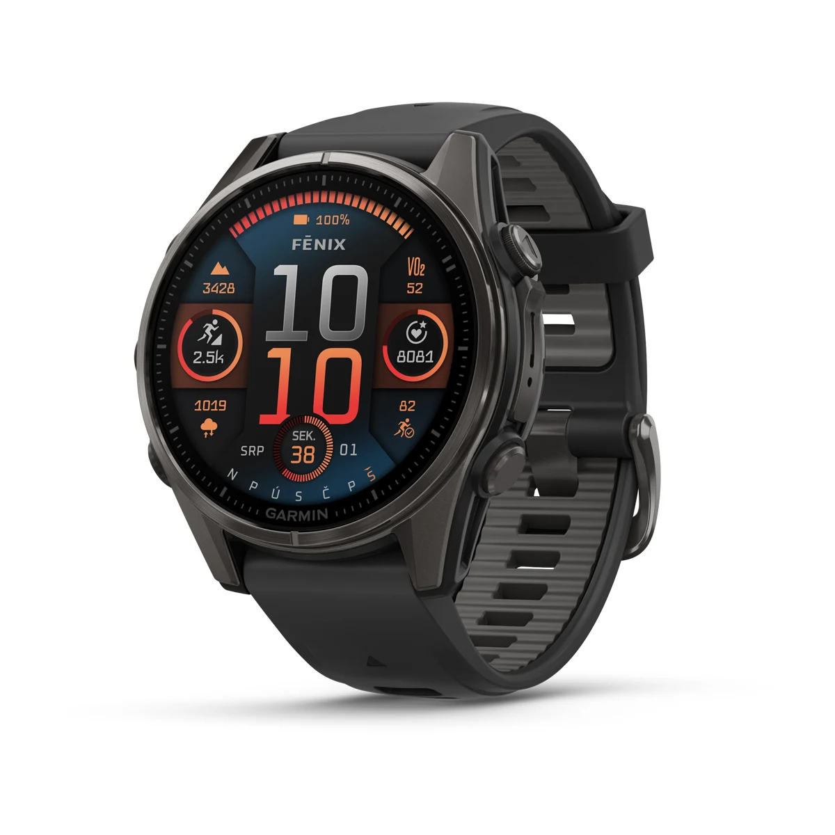 fēnix® 8 – 43 mm, AMOLED Sapphire, Carbon grey DLC titanium, Black / Pebble grey se silikonovým řemínkem.  Kód Produktu010-02903-21