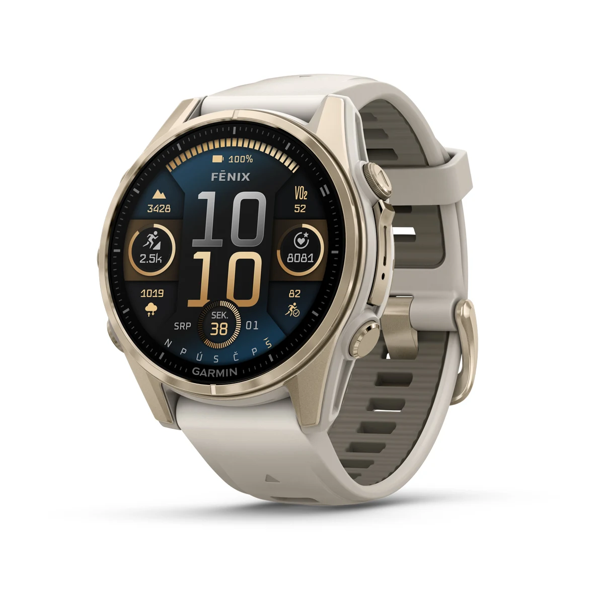 fēnix® 8 – 43 mm, AMOLED Sapphire, Soft Gold / Fog grey se silikonovým řemínkem.  Kód Produktu010-02903-11