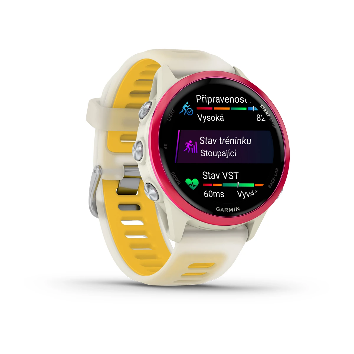 Forerunner® 570 - 42mm Raspberry hliníková luneta, poloprůhledný řemínek Bone/Mango  Kód Produktu010-02970-02