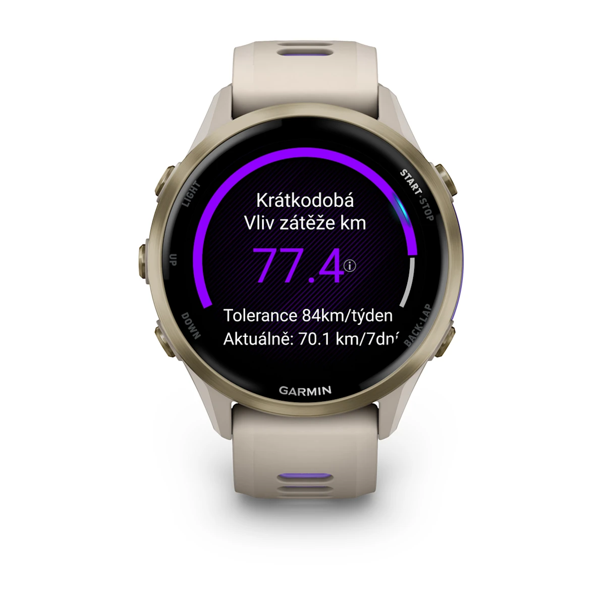 Forerunner® 970 Soft Gold titanová luneta, pouzdro French Grey a poloprůhledný řemínek French Grey/Indigo  Kód Produktu010-02969-12