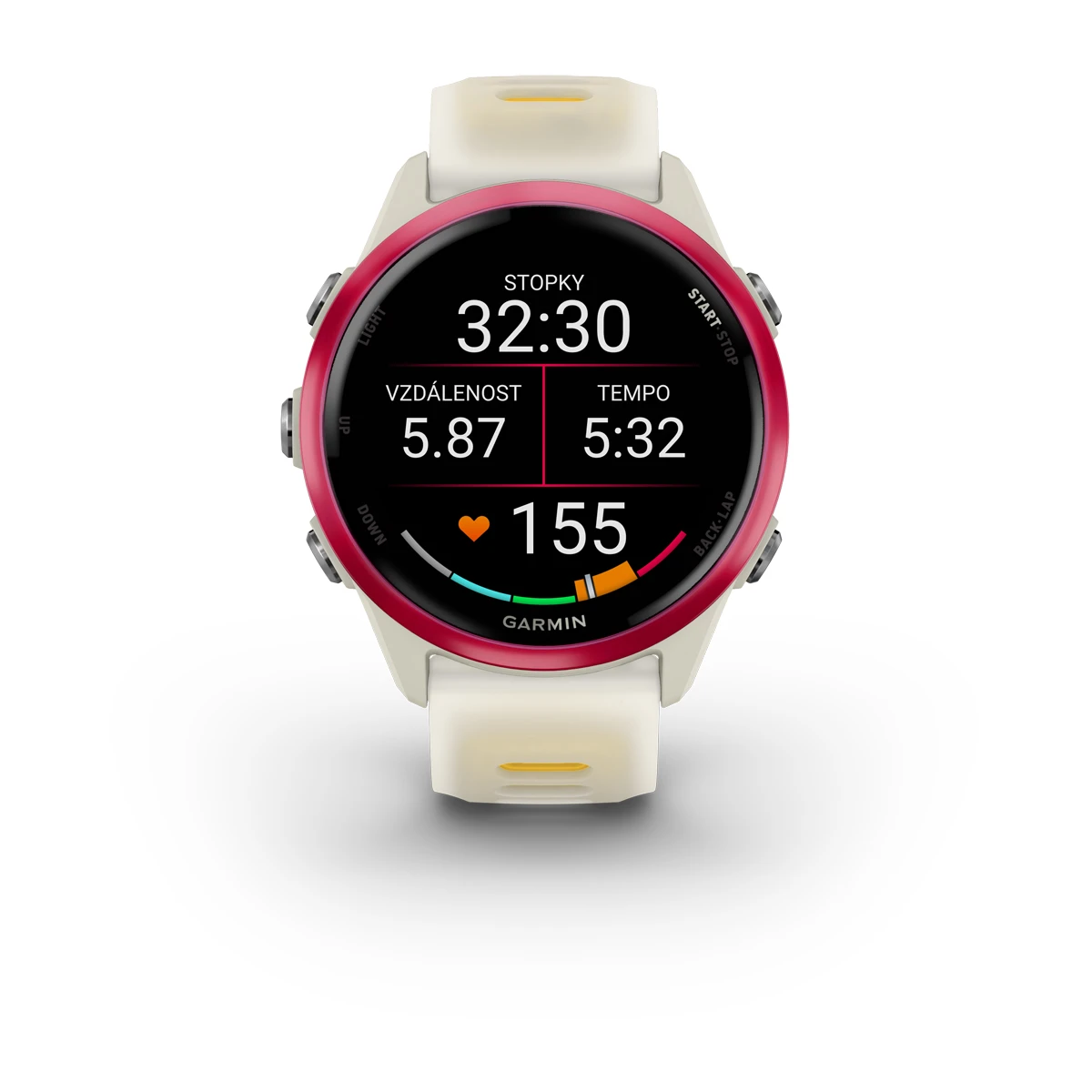 Forerunner® 570 - 42mm Raspberry hliníková luneta, poloprůhledný řemínek Bone/Mango  Kód Produktu010-02970-02