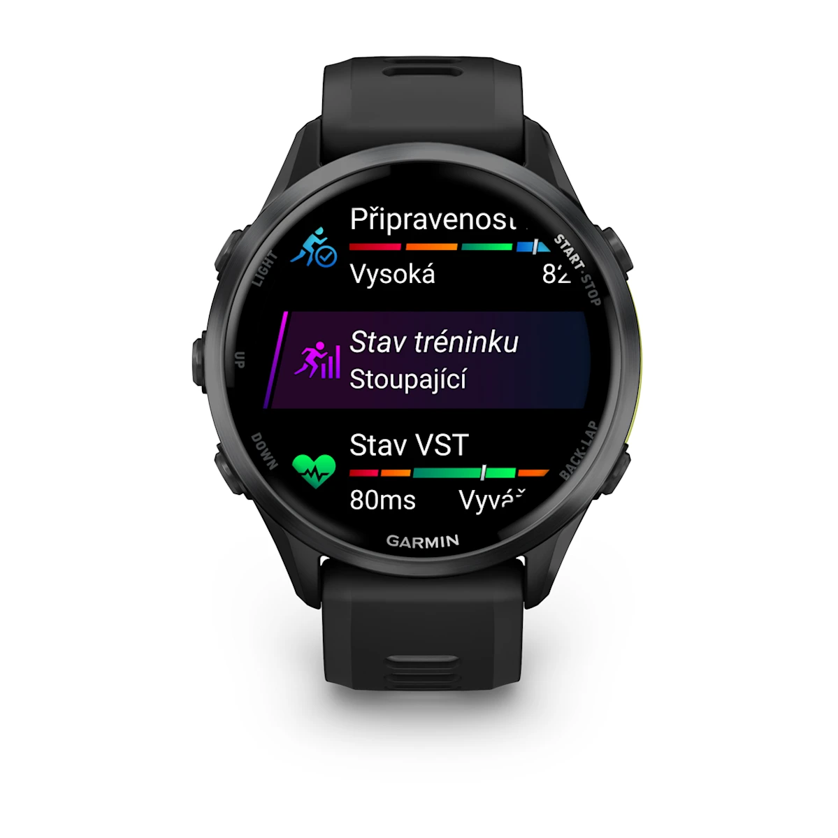 Forerunner® 970 Carbon Grey DLC titanová luneta, pouzdro Black a poloprůhledný řemínek Black/Whitestone  Kód Produktu010-02969-10