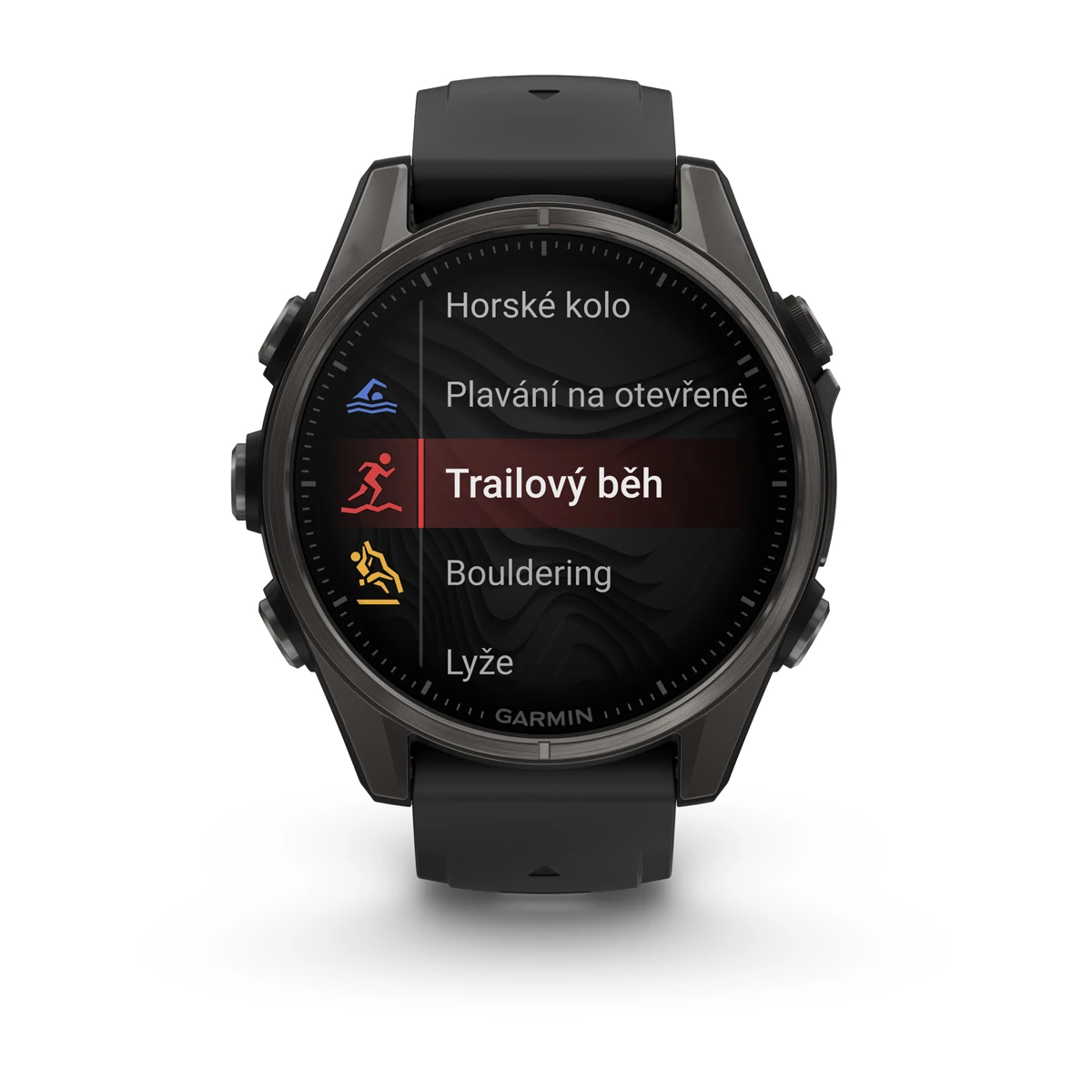 fēnix® 8 – 43 mm, AMOLED Sapphire, Carbon grey DLC titanium, Black / Pebble grey se silikonovým řemínkem.  Kód Produktu010-02903-21