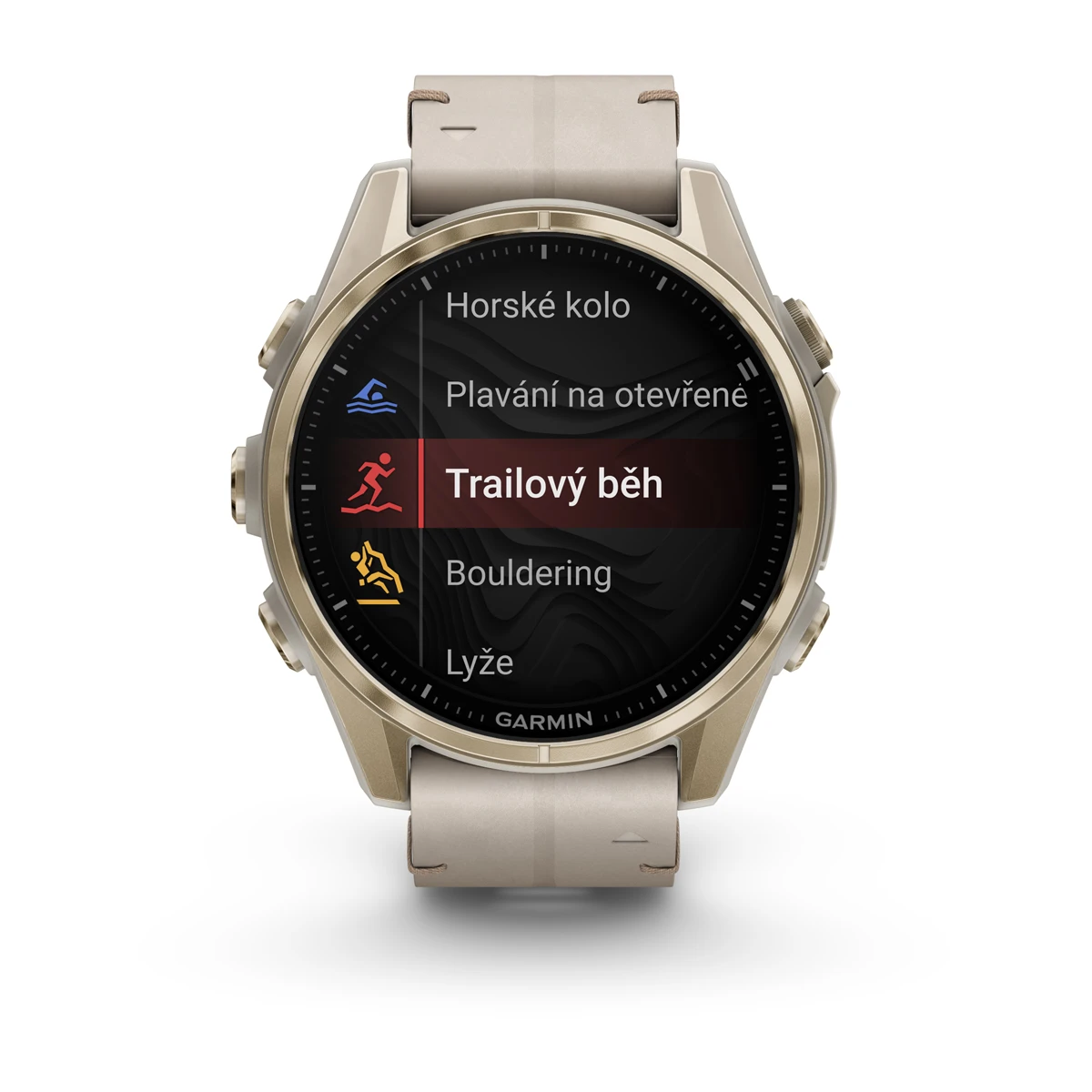 fēnix® 8 – 43 mm, AMOLED Sapphire, Soft Gold / Limestone s koženým řemínkem.  Kód Produktu010-02903-40