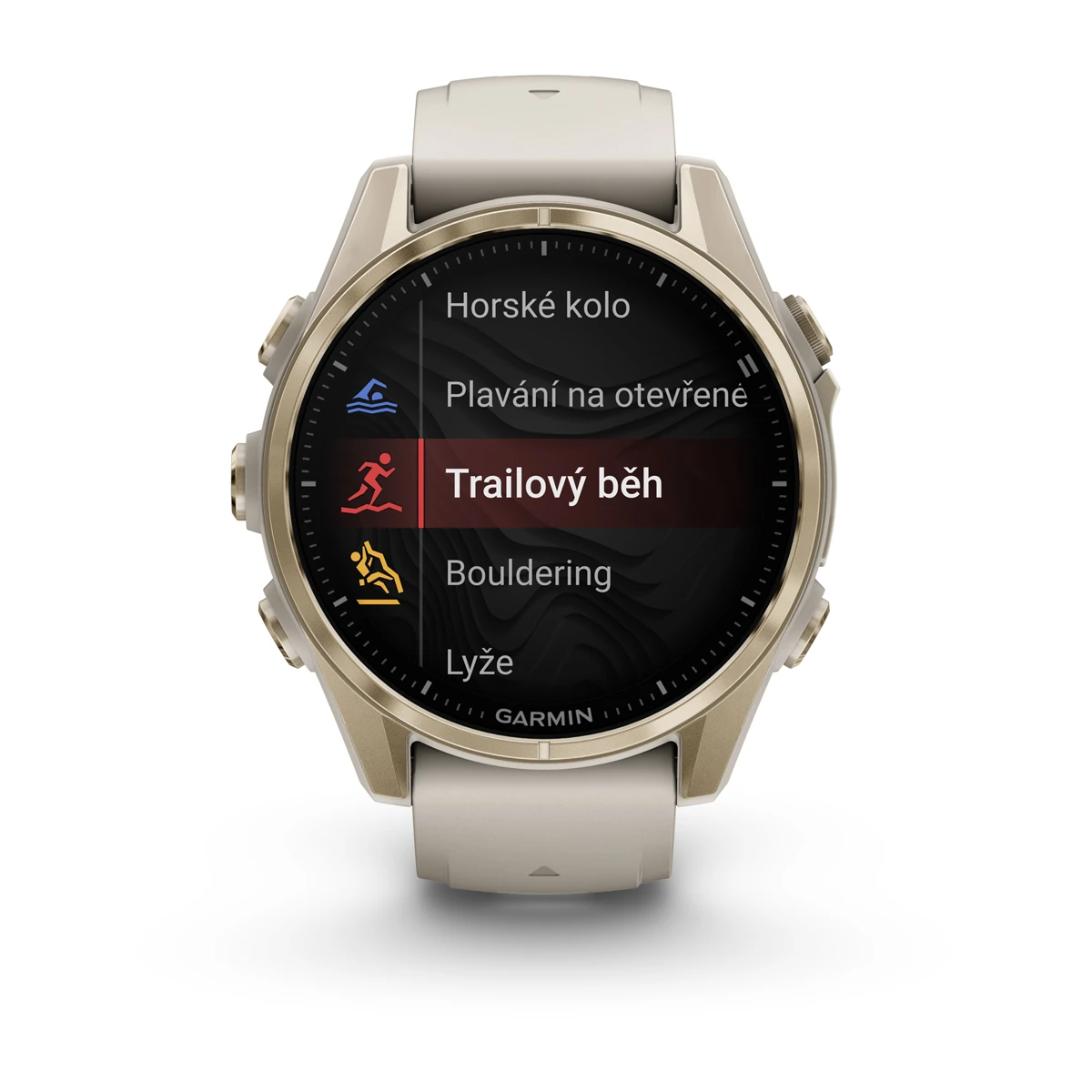 fēnix® 8 – 43 mm, AMOLED Sapphire, Soft Gold / Fog grey se silikonovým řemínkem.  Kód Produktu010-02903-11