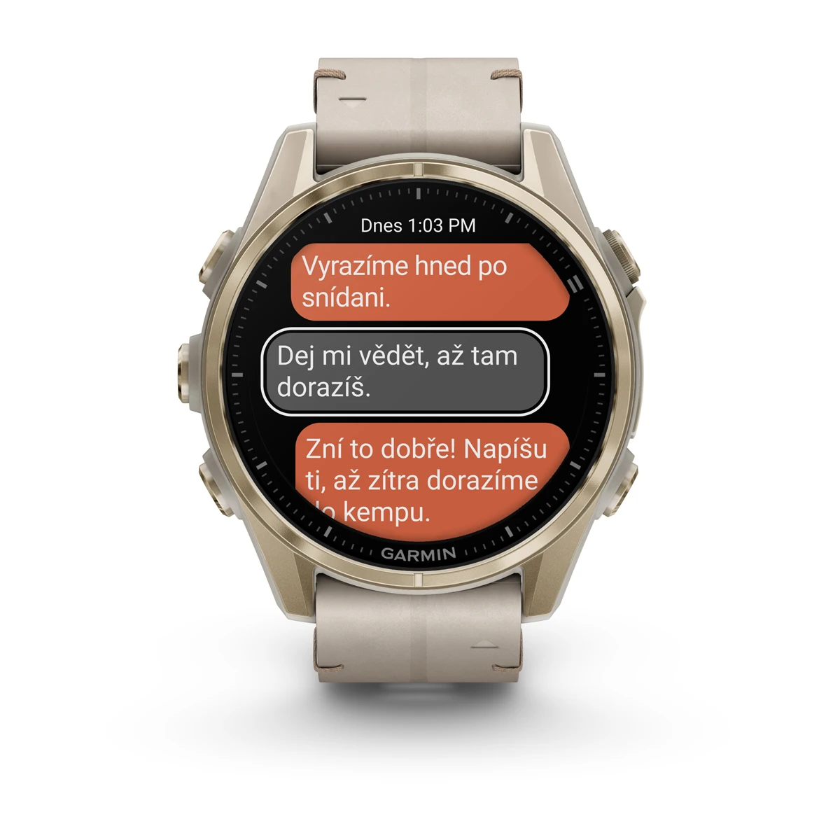 fēnix® 8 – 43 mm, AMOLED Sapphire, Soft Gold / Limestone s koženým řemínkem.  Kód Produktu010-02903-40