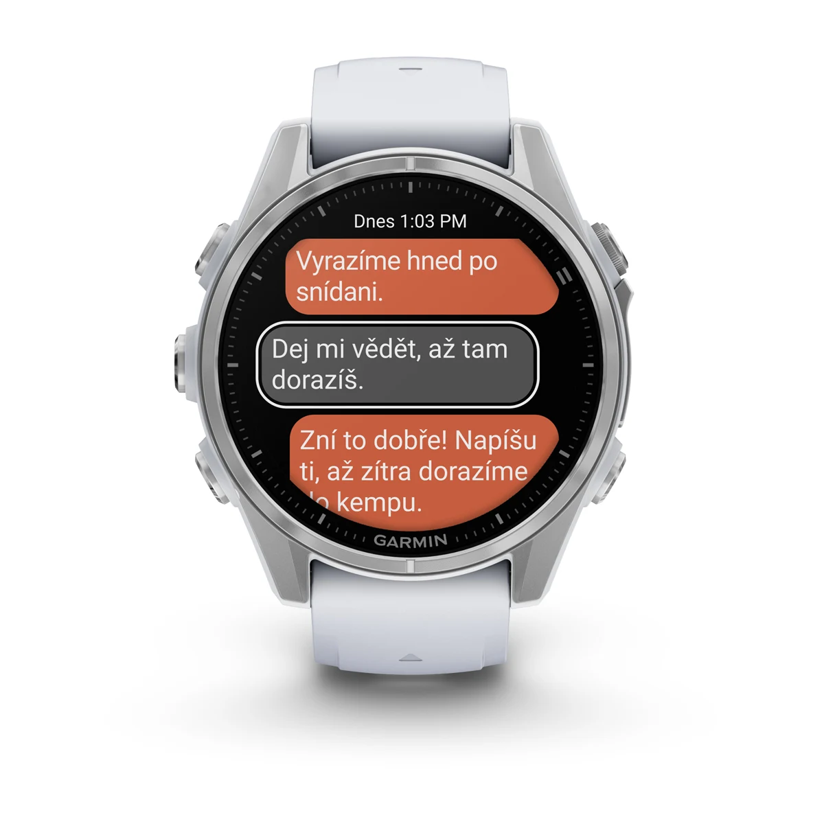 fēnix® 8 – 43 mm, AMOLED Silver / Whitestone se silikonovým řemínkem.  Kód Produktu010-02903-00