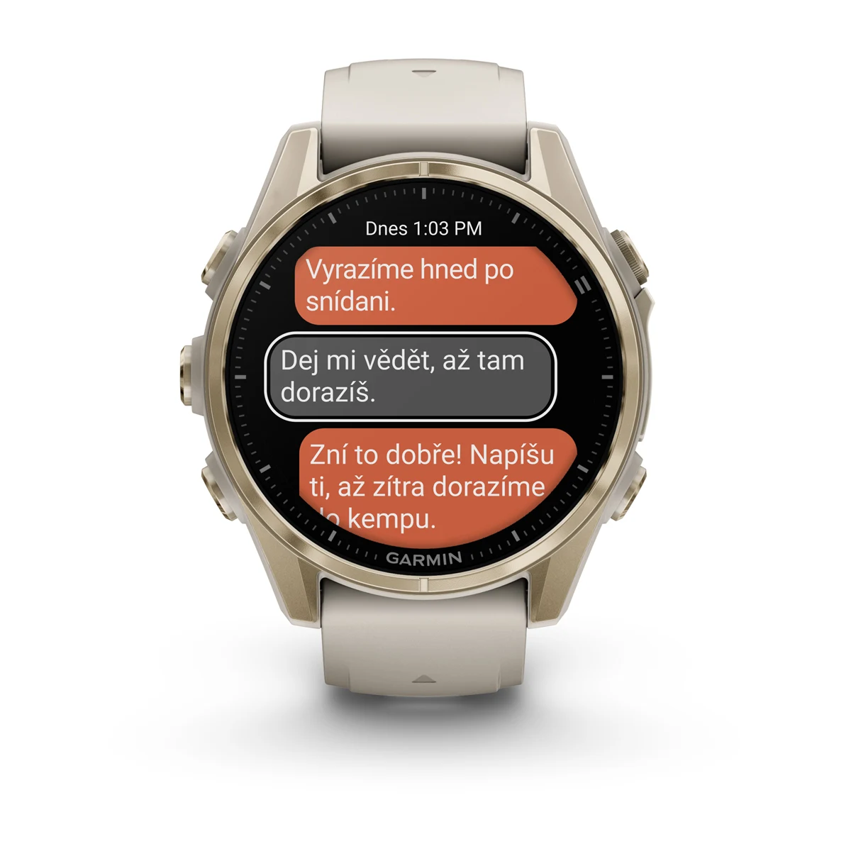 fēnix® 8 – 43 mm, AMOLED Sapphire, Soft Gold / Fog grey se silikonovým řemínkem.  Kód Produktu010-02903-11