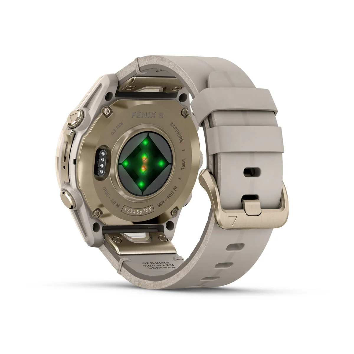 fēnix® 8 – 43 mm, AMOLED Sapphire, Soft Gold / Limestone s koženým řemínkem.  Kód Produktu010-02903-40