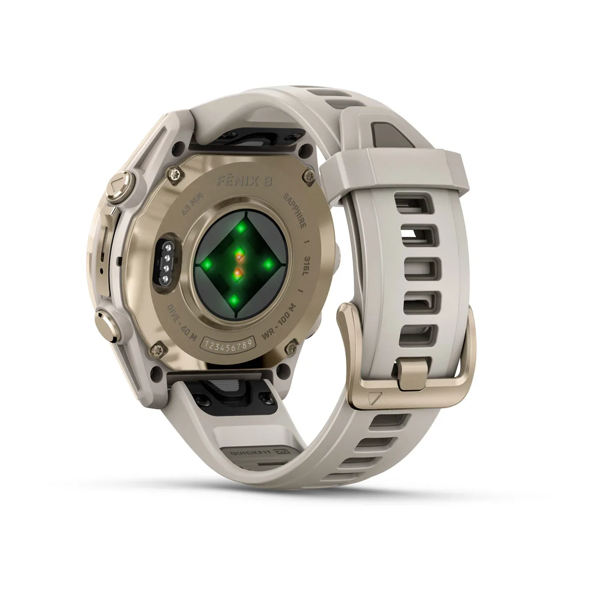 fēnix® 8 – 43 mm, AMOLED Sapphire, Soft Gold / Fog grey se silikonovým řemínkem.  Kód Produktu010-02903-11