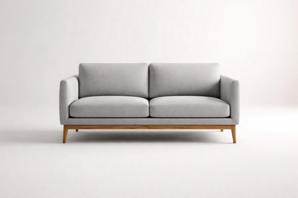 Canapé deux places en tissu gris avec pieds en bois