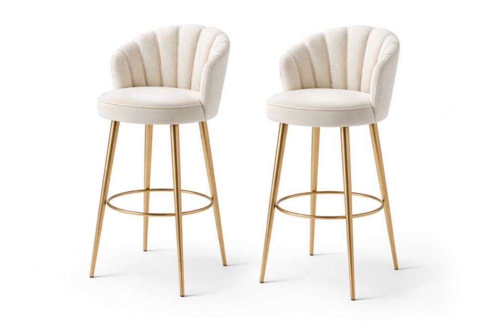 Lot de 2 tabourets de bar crème avec dossier, structure en acier doré, assise rembourrée en tissu polyester