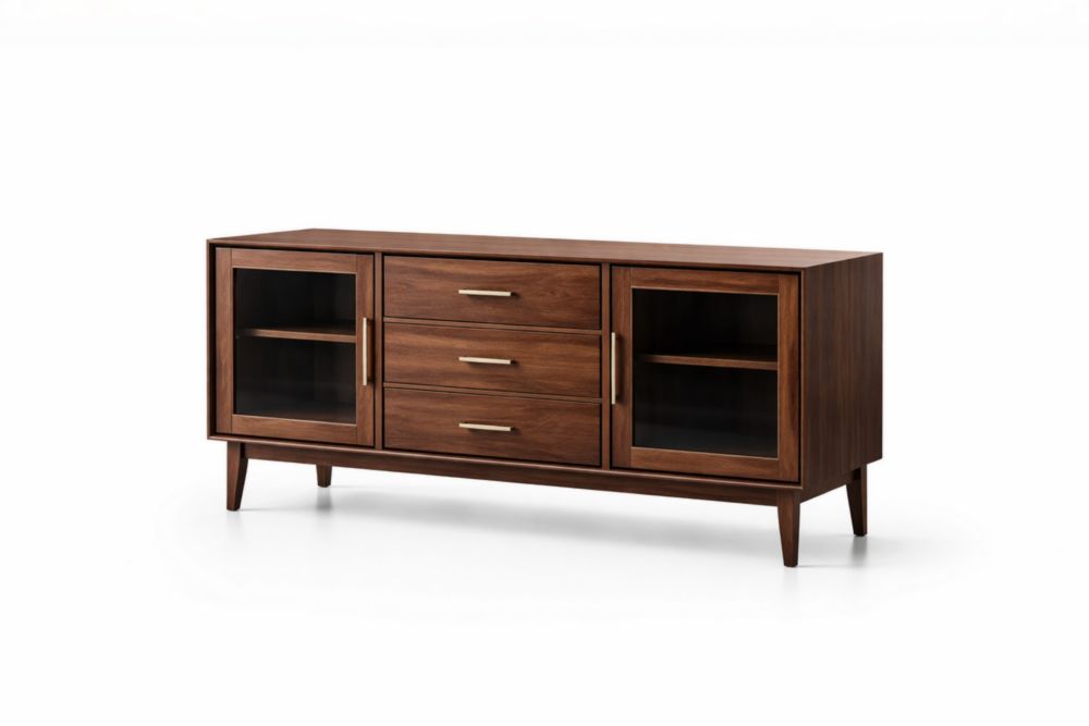 Buffet en bois de noyer avec portes vitrées et tiroirs