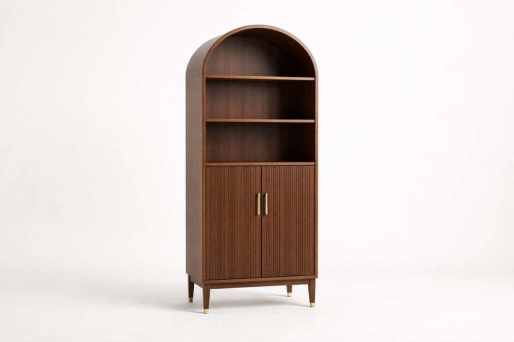 Bibliothèque en chêne marron 200 cm avec 2 étagères ouvertes et 2 portes, poignées en acier