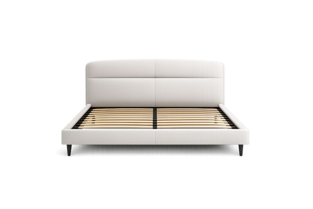 Lit double en simili cuir blanc avec lattes en bouleau et pieds acier noirs 160x200 cm