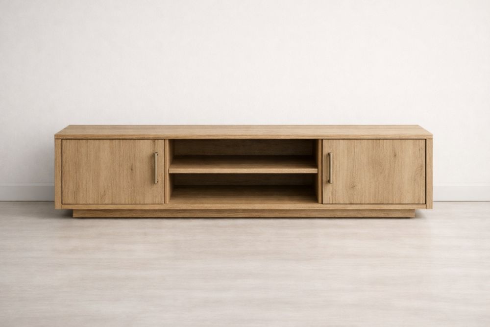 Meuble TV en bois MDF chêne clair avec portes et étagère