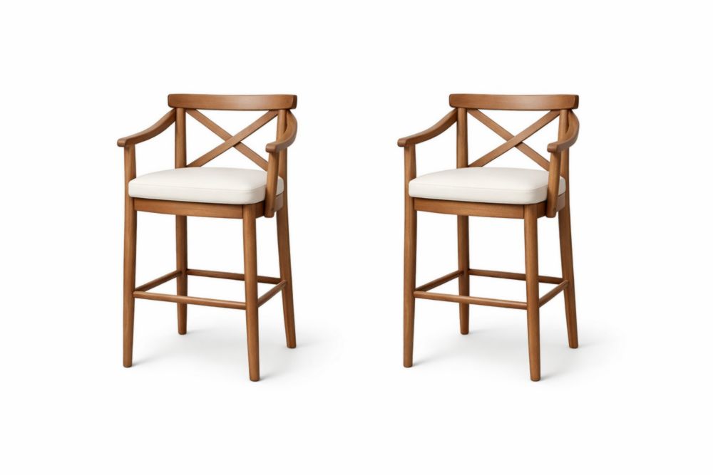 Tabourets hauts en bois avec coussin crème, ensemble de 2