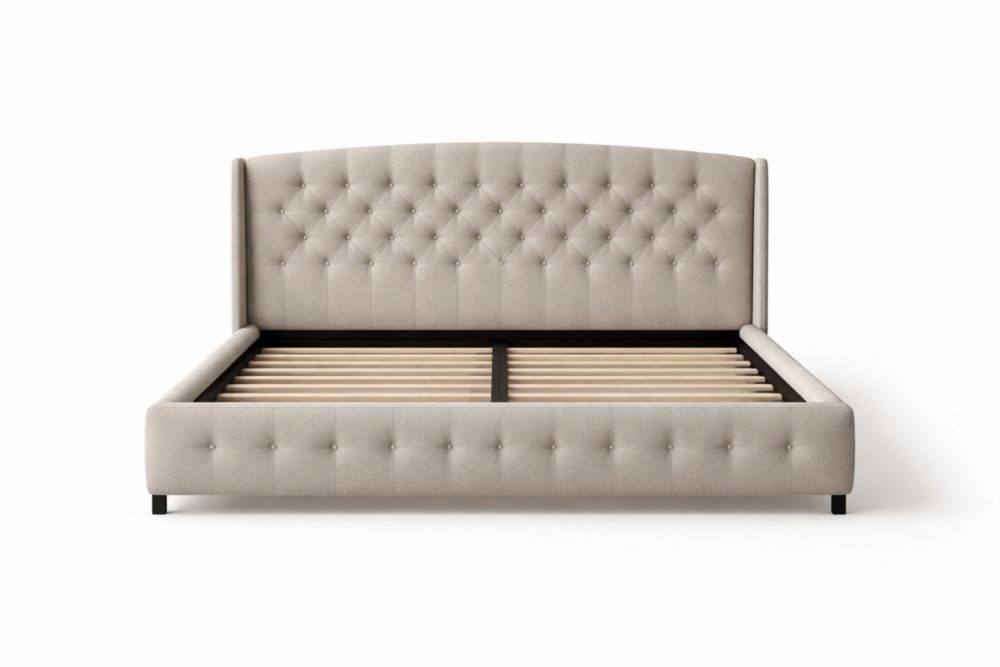 Lit double en tissu beige avec sommier à lattes