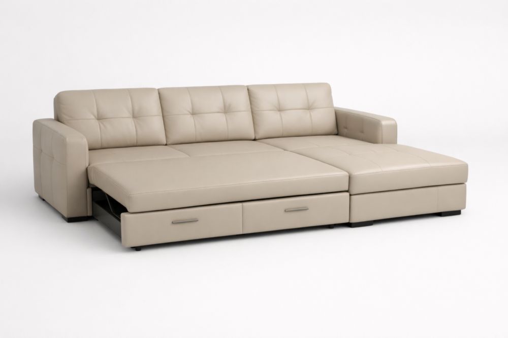 Canapé d’angle convertible beige 250×155×85 cm en cuir synthétique PU, structure en bois massif et acier