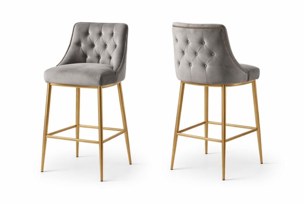 Tabouret de Bar Velours Gris avec Pieds acier Dorés
