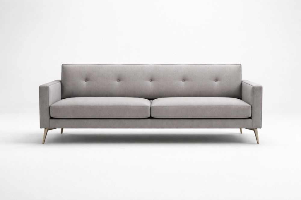 Canapé 3 places en tissu gris, pieds en bois