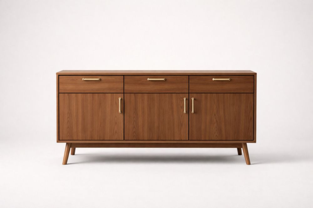 Buffet en bois massif brun noyer avec poignées en laiton