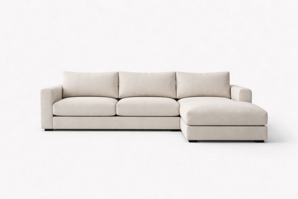 Canapé d’angle beige avec méridienne droite 280×160 cm, tissu polyester, structure en bois massif