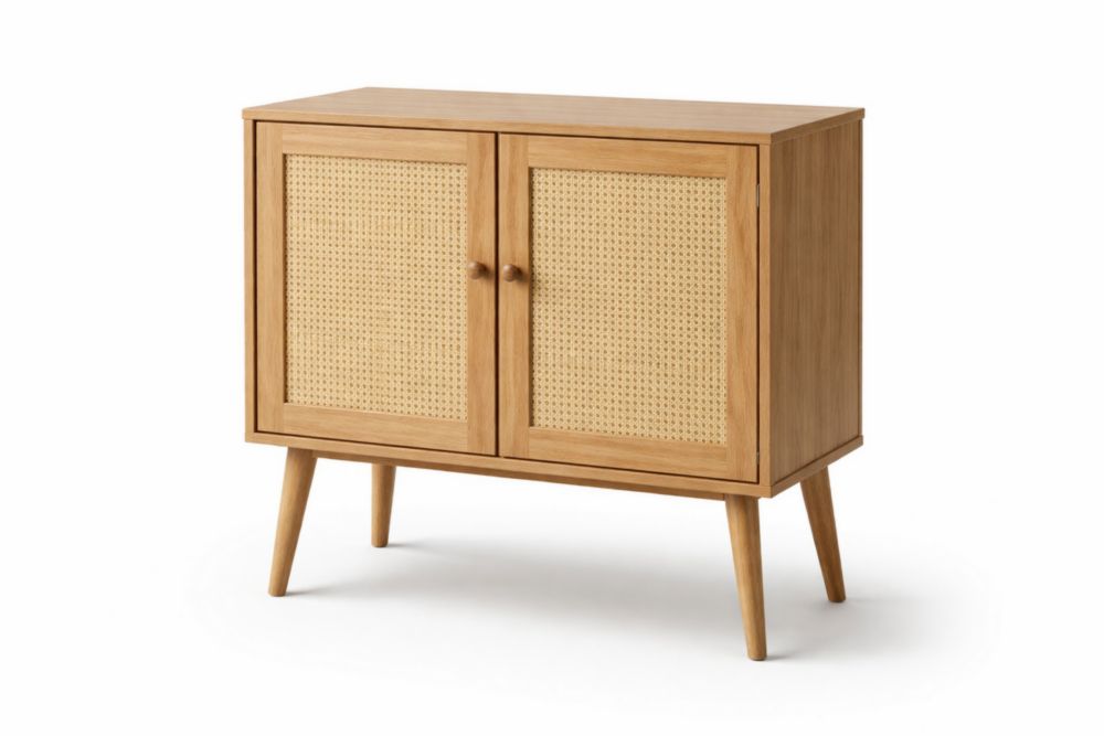 Buffet en bois avec portes en rotin tissé