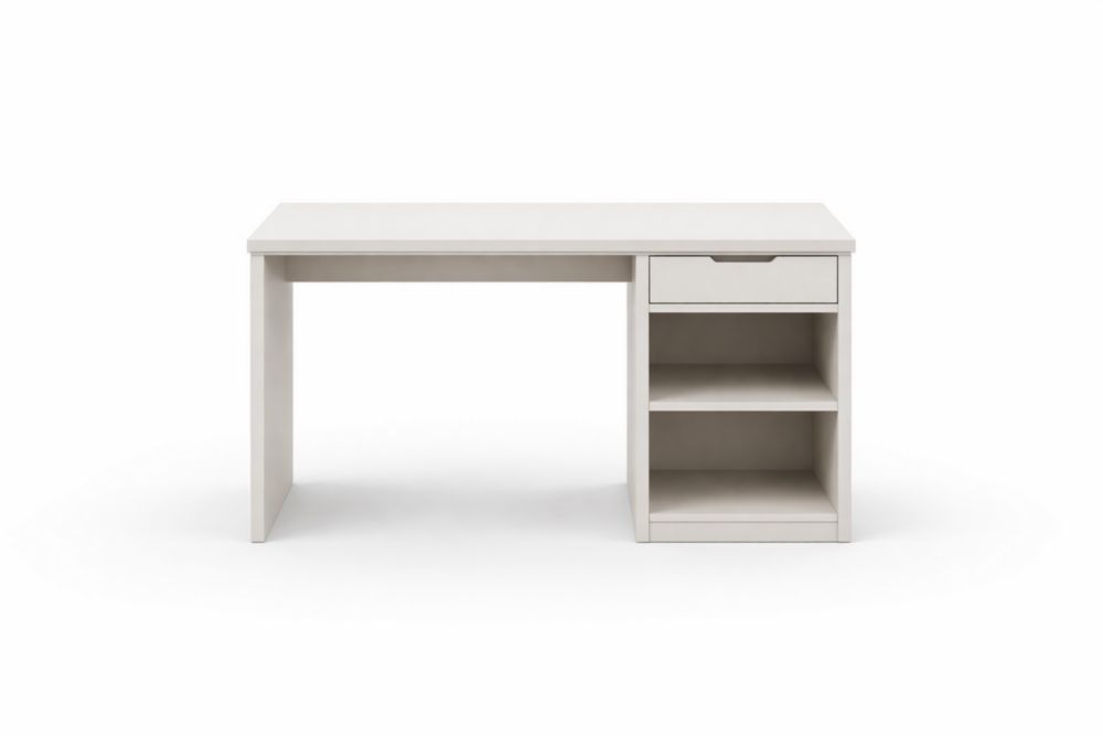 Bureau en bois blanc avec tiroir et étagères