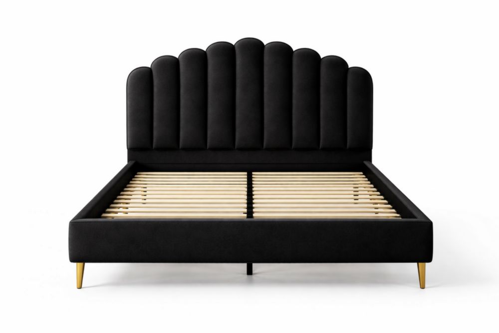 Lit double en velours noir avec structure en bois et pieds acier