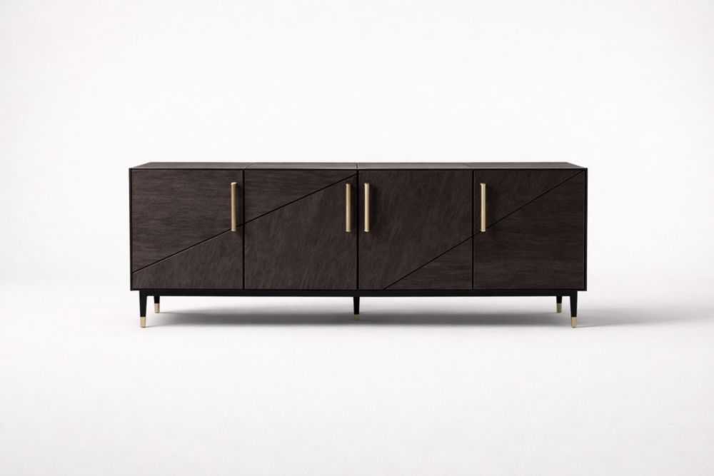 Buffet rectangulaire 4 portes bois placage chêne pieds acier